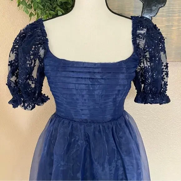 NWOT Lulus Significant Splendor Navy Organza Pleated Puff Sleeve Midi Dr… - Picture 3 of 11